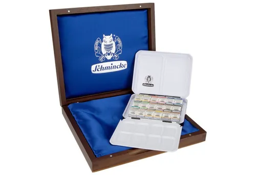 Schmincke HORADAM® AQUARELL Geschenkkasten mit 18 Aquarellfarben - Premium Aquarellfarben im luxuriösen Holzkasten, inklusive 6 Goldtönen für schillernde Akzente – ideal für anspruchsvolle Maler.