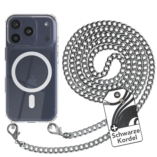 EAZY CASE - Handykette kompatibel mit iPhone 17 Pro Kette zum Umhängen Stoßfest Handyhülle für iPhone 17 Pro Silikon Hülle mit Band aus Metall Transparent als Fallschutz in Silber