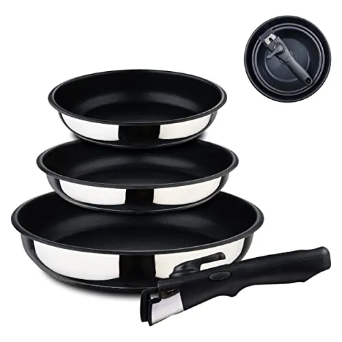 Bergner Click&Cook Pfannenset 4-teilig - Vielseitiges Pfannenset mit 18, 20 und 24 cm Pfannen, abnehmbarem Griff und XYLAN Plus Antihaftbeschichtung für alle Herdarten. Ideal für platzsparendes Kochen und einfache Reinigung.