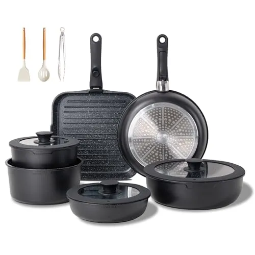 JEETEE Topfset Pfannenset mit abnehmbarem Griff 25-Teilig, Pfanne 20/26cm, Kochtopf 18/20cm, Tiefe Bratpfanne 26cm, Grillpfanne 26cm, Stapelbar Topfset Für alle Herdarten, Antihaft, Ofenfest, Schwarz