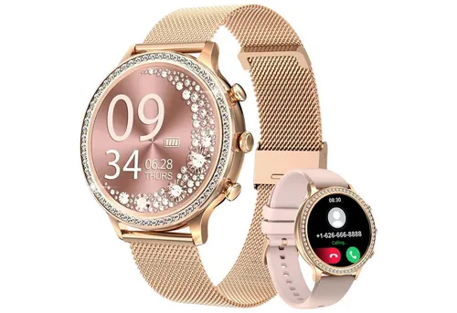 Refttenw Armbanduhr Damen mit Telefonfunktion,1.32in Diamant Fitnessuhr,2 Gurte Smartwatch, IP67 wasserdicht