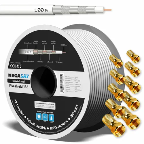 Sat kabel 100m 135 dB Megasat Koaxialkabel Antennen Kabel HD FULL HD 10 Stecker