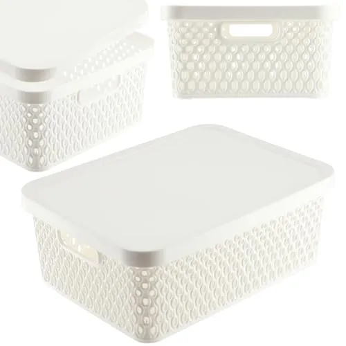 KADAX Aufbewahrungskorb, Korb mit Deckel, Aufbewahrungskiste, Aufbewahrungsbox aus Plastik, Moderner Regalkorb, Behälter mit Lüftungslöchern (12L, Weiß)