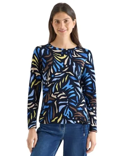 Cecil Gemustertes Shirt in universal Blue L - Bequemes Baumwollshirt mit U-Boot-Ausschnitt und langen Ärmeln, ideal für lässige Outfits. Perfekte Passform mit ca. 55 cm Brustweite und 65 cm Länge bei EU-Größe M.
