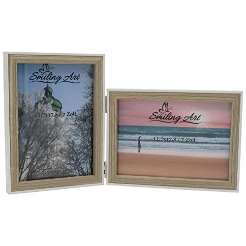 Smiling Art Bilderrahmen für 2 Fotos aus MDF Holz mit Glasscheibe, klappbarer Bilderrahmen, Doppelrahmen in Querformat und Hochformat (Weiß+Beige, 2x13x18 cm)