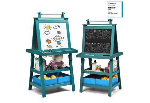 COSTWAY 3 in 1 Kinder Staffelei aus Holz - Spielmöbel mit 3-in-1-Funktion: Doppelseitige Staffelei mit Whiteboard, Kreidetafel und Papierrolle fördert Kreativität und Ordnung mit viel Stauraum für Malzubehör.