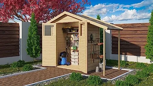 Karibu Housten Gartenhaus mit Anbaudach - Gartenhaus mit 14 mm Wandstärke aus naturbelassener nordischer Fichte, robust und langlebig – ideal für die Aufbewahrung von Gartengeräten und mehr!