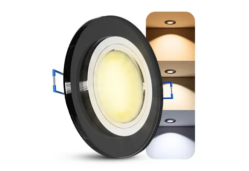 SSC-LUXon LED Einbaustrahler Glas LED Einbauspot rund schwarz 230V 6W dimmbar 3CCT warm kalt, Warmweiß bis Tageslicht