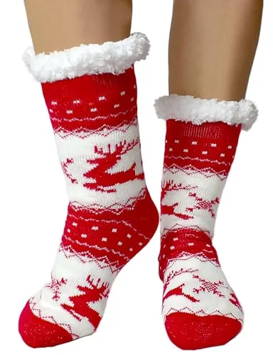 Stephans Möbelbörse Kuschelsocken für Damen und Herren Dicke Stoppersocken Warme Wintersocken Hüttensocken Flauschig Weihnachtssocken Hausschuhe Geschenk Socken Unisex (Acryl-Mischung, Rot)