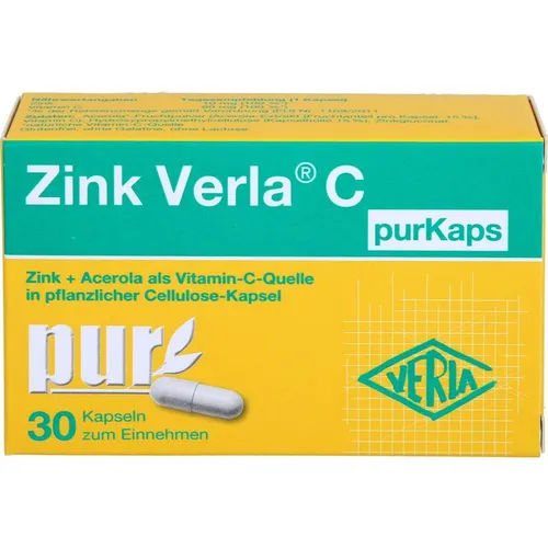 Zink Verla C Purkaps 30 ST - Nahrungsergänzungsmittel mit Zink und Vitamin C, unterstützt das Immunsystem und ist glutenfrei, ideal für die tägliche Gesundheit.