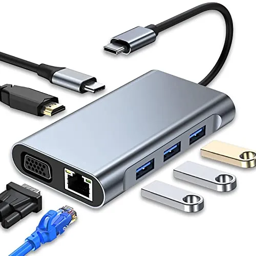 USB C Hub, Multiport Adapter 7 in 1 Mit 4K HDMI VGA USB 3.0 100W PD und RJ45 Ethernet, Docking Station Kompatibel Mit MacBook Pro & Air Laptop und Anderen Typ C Geräten