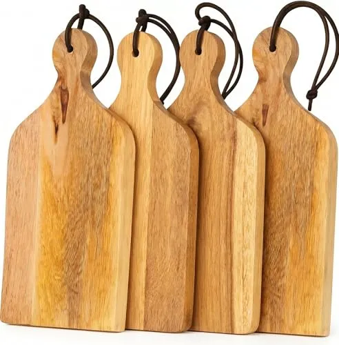 Stilvolle mini Holz-Servierbretter mit Griff und Aufhängung, 19 x 10 x 1,8 cm, für Tapas, Snacks, Gemüse und Obst | Schneidebrett, Brettchen, Holz-Brett, hochwertiges Servier-Brett, klein (4er Set)