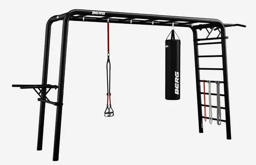 BERG PlayBase Large + Sports Set in Schwarz - Klettergerüst mit Reckstange, Leiter & Monkey Bar, inkl. Fitnesszubehör. Ideal für Sport, Spiel und Entspannung im Garten – ganz ohne Beton!
