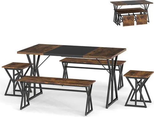 COSTWAY 5-teiliges Esstisch Set für 4-6 Personen – Rechteckiger Tisch mit 2 Bänken & 2 Hockern