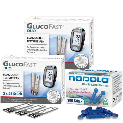 Glucofast Duo Blutzucker-Teststreifen & Nodolo Lanzetten - Blutzuckerteststreifen Set mit 100 Teststreifen und 100 Lanzetten für präzise Messungen. Schnelle Ergebnisse in 5 Sekunden und keine Kodierung nötig.