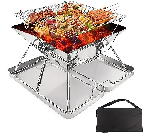 KAHEIGN Camping Holzofen Tragbar Edelstahl Camping-Grill, Faltbar BBQ Feuerstelle Grill für Campingkocher aus Edelstahl mit Tragetasche für Camping Picknick BBQ
