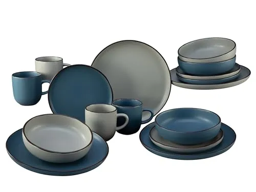 CreaTable 21016 Modern Scandic Geschirrset - 16-teiliges Tafelservice aus Steinzeug, spülmaschinen- und mikrowellengeeignet, mit einzigartiger seidenmatter Glasur in Blau und Weiß für stilvolles Essen.