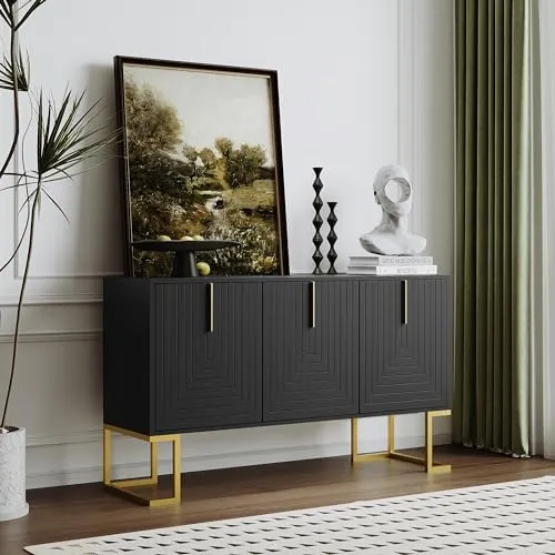 Merax Modernes Sideboard mit 3 Türen und verstellbaren Regalen (Schwarz)