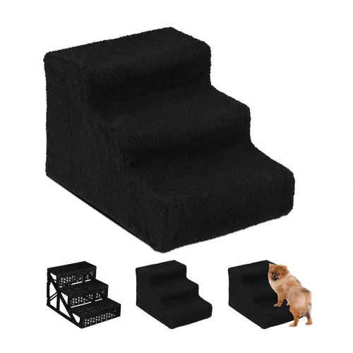 relaxdays Haustiertreppe 3 Stufen, schwarz - Tiertreppen für Hunde und Katzen, gelenk- und rückenschonend, ideal für alte oder kranke Tiere, waschbarer Polyester-Bezug für einfache Pflege.