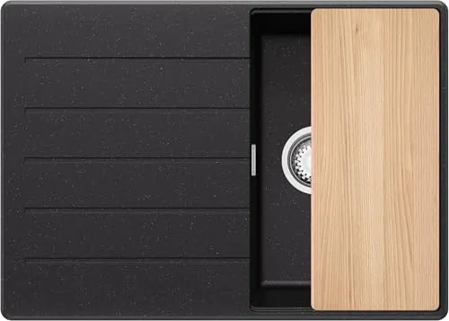 PRIMAGRAN Spülbecken Schwarz Metallic 70x50cm, Granitspüle 1 Becken + Ablauf-Set + Schneidebrett, Küchenspüle ab 40er Unterschrank - Kopenhagen S353