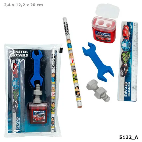 Monster Cars Schreibset, Bleistift Radierer Lineal Spitzer im Etui Depesche 5132