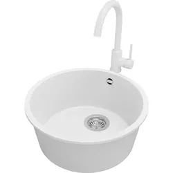 PRIMAGRAN Granitspüle Weiß 46x46cm, Spülbecken Rund 1 Becken + Küchenarmatur 32x20cm + Ablauf-Set, Küchenspüle ab 50er Unterschrank - Vallett... - Weiß