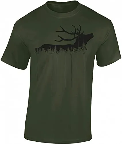 Baddery Jäger T-Shirt Herren - „Waldhirsch“ - Jagd Shirt für Männer mit Hirsch-Motiv (Army L)