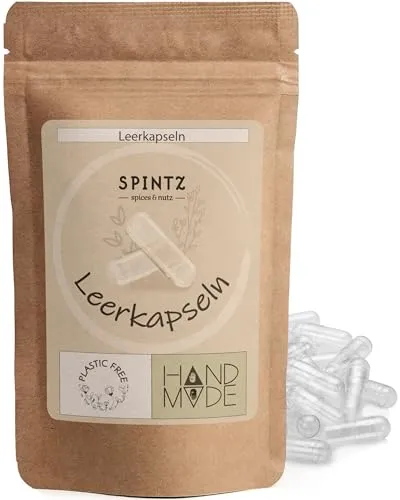SPINTZ Vegane HPMC Leerkapseln Größe 0 (2000 Stk.) | Unabhängig Labor getestet | Plastikfrei & Nachhaltig Verpackt | 100% pflanzliche Zellulose, Non-GMO, allergenfrei, transparent