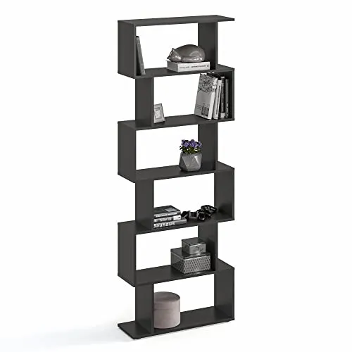 KOMTO Bücherregal Schwarz - Modernes S-Form Regal - Bücherregal und Raumteiler in Schwarz, ideal für Wohnzimmer oder Büro. Mit 6 geräumigen Fächern und sicherer Wandbefestigung für Stabilität. Schnelle Montage inklusive Anleitung.
