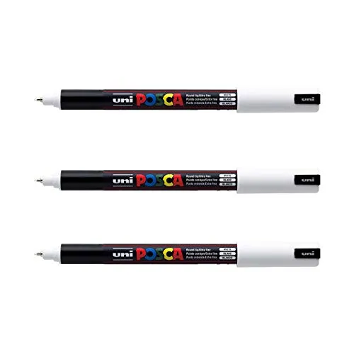 posca Mitsubishi Pencil – 3 Marker, weiß, PC1MR, extrafeine Spitze, 0,7 mm, Marker, Farbe auf Wasserbasis, für Papier, Textilien, Glas, Kieselsteine usw.