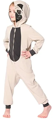 Ladeheid Kinder Schlafoverall aus Baumwolle Jumpsuit - Beige Mops (146-152) - Schlafoverall für Jungen aus 100% Baumwolle mit Kapuze; ideal zum Schlafen oder Verkleiden, sorgt für fantasievolle Abenteuer und Komfort.