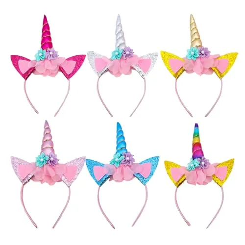 Regenbogen-Pferde Stirnbänder mit Ohren und Blumen - Cartoon-Stirnbänder für Party & Cosplay (6 Farben) 6