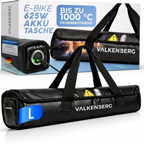 VALKENBERG E-Bike Akku Tasche – Feuerfeste Akkubox für E-Bike Akkus mit Kabeldurchführung – Akku Schutzhülle feuerfest inkl. Trageschlaufe – Akku Transportbox & Aufbewahrungstasche, Größe L