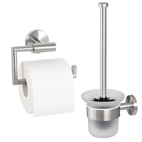 bremermann Bad-Serie Piazza - 2tlg. Badezimmer Zubehör-Set aus Edelstahl - Praktisches 2er Set: Toilettenpapierhalter mit Soft-Close Funktion und hygienische WC-Garnitur. Platzsparend montierbar, ideal für ein stilvolles und pflegeleichtes Badezimmer.