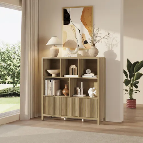 [en.casa] Highboard Lukkodso – Modernes Sideboard in Eicheoptik - Vielseitiges Highboard mit 3 Türen und 8 Fächern für stilvolle Aufbewahrung. Zeitloses Design und griffloser Push-to-Open Mechanismus sorgen für Komfort und Eleganz in Ihrem Wohnbereich.