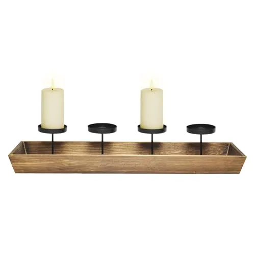 Holz Advents Kerzenleuchter mit 4 Kerzentellern - 56 x 12 cm - Weihnachts Kerzenständer mit integriertem Deko Tablett - Kerzenhalter Adventskranz Tisch Winter Dekoration