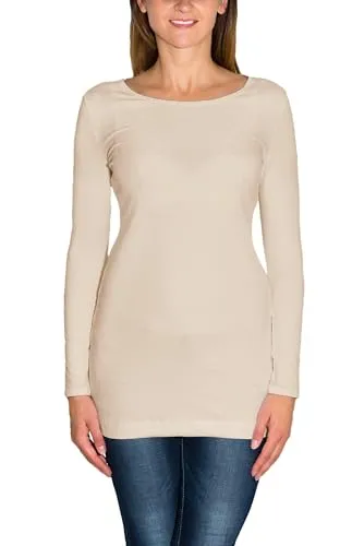 Alkato Damen Langarm Longshirt Langarmshirt Tunika Basic Shirt, Farbe: Hellbeige, Größe: XL