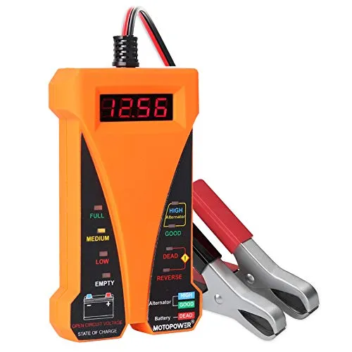 MOTOPOWER MP0514D Digitaler Batterietester, Voltmeter und Lichtmaschine, Ladesystem, Analyzer mit LCD-Display und LED-Anzeige, orangefarbener Gummilack
