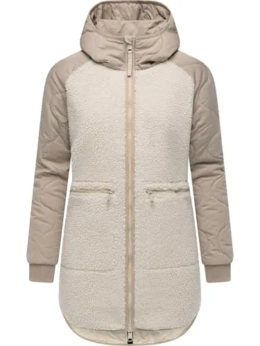 Ragwear Damen Teddyfleece Kurzmantel warmer Plüschmantel mit Kapuze Longeddy YOUMODO Ecru025 Gr. S