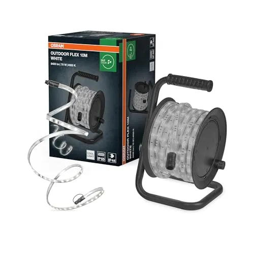 Osram Outdoor Flex LED Streifen 10M IP65 - Modular erweiterbar - Robuster LED Streifen mit 4000 K, ideal für Außenbereiche und Baustellen. Inklusive Kabeltrommel und Montagezubehör für einfache Installation. Flexibel erweiterbar bis 50 Meter für individuelle Lichtlösungen.