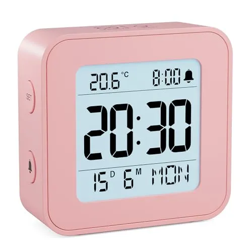 LATEC Wecker Digital, Digitaler Wecker Batterie Alarm Clock, Klein Reisewecker Digital Uhr mit Temperaturanzeige, Snooze, 3 Lautstärken und Hintergrundbeleuchtung (Inklusive Batterie) Rosa