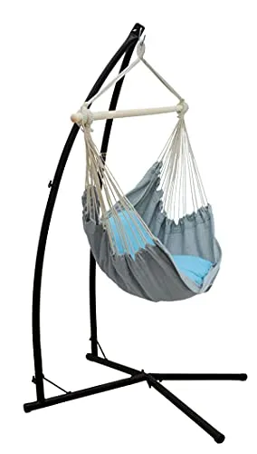 AMANKA Hängestuhlgestell mit Hängesessel - 215cm Metallgestell bis 120kg - Hängesessel für Indoor & Outdoor, wetterfestes Stahlgestell, belastbar bis 120 kg. Inklusive 2 Kissen für einen wechselnden Look und extra breite Sitzfläche für optimalen Komfort.
