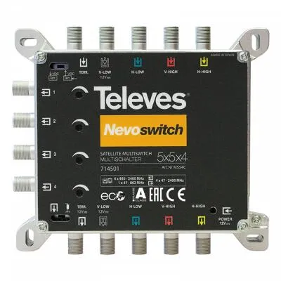 Televes MS54C 5in4 Multischalter NEVO – Kaskadierbar & receiverpowered - Multischalter der Kategorie Multischalter, mit kaskadierbarem Design und receiverpowered, ideal für optimale Signalverteilung in komplexen TV-Anlagen.