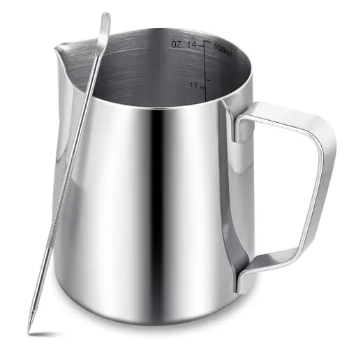Milchkännchen,400 ml/14 fl.oz Milchkanne mit Latte-Dekorationskunststift,Barista-Milchschaumkännchen Edelstahl für Kaffeemaschine