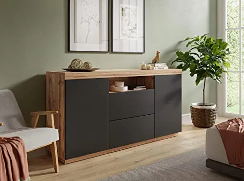 Lookway Kommode YOSHI im Industrial Design - Kommode in Wotan Eiche/Schwarz, mit praktischem Push-Open-System. Ideal für einen modernen Wohnstil und einfache Selbsmontage.