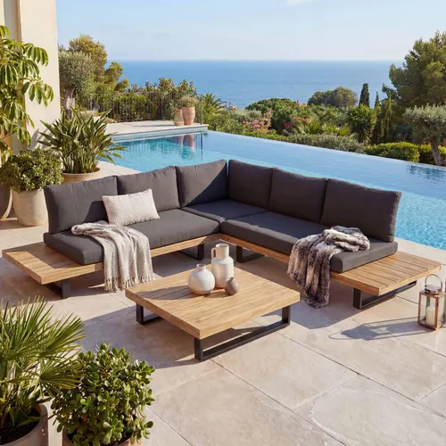 Garten-Garnitur MCW-H54 - Lounge-Set aus Akazie Holz und Aluminium - Hochwertige Gartenmöbel aus hellbraunem Akazienholz und Aluminium, mit langlebigem Spun Poly-Bezug für doppelte Lebensdauer. Ideal für entspannte Stunden im Freien.