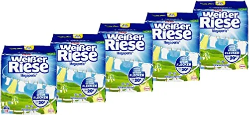 Weißer Riese Universal Megaperls Vollwaschmittel (5x19 Waschladungen), Waschmittel für weiße Wäsche, wirkt extra stark gegen Flecken bei 20–95 °C, 100 prozent recycelbares Plastik