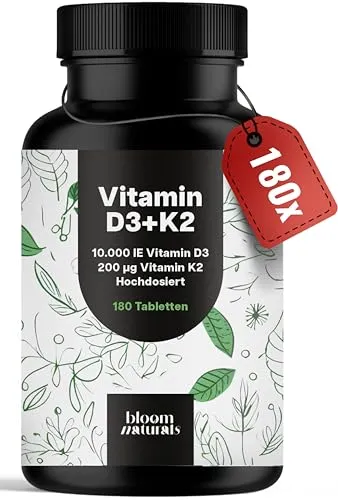 Vitamin D3 K2 hochdosiert – 180 Tabletten mit 10000 IE – 99,7+% All-Trans K2-MK7
