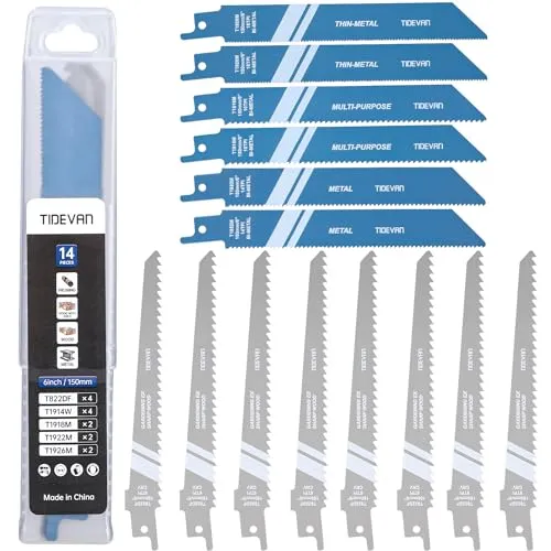 TIDEVAN Säbelsägeblätter,14 tlg Säbelsägeblätter Set 150mm BIM Sägeblätter 6/10/14/18 TPI (Zähne pro inch) CRV Sägeblatt Säbelsäge zum Schneiden von Metall Dünn Metall Plastik,Holz und Holz mit Nägeln