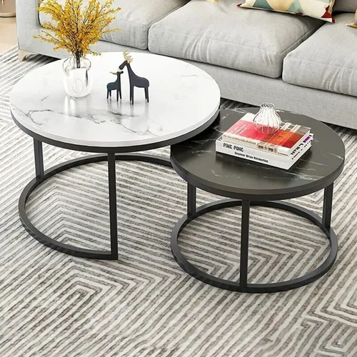 Couchtische 2in1, rund, laminierte Platte mit Marmormuster, schwarzes Metallgestell, Durchmesser 80 und 60 cm